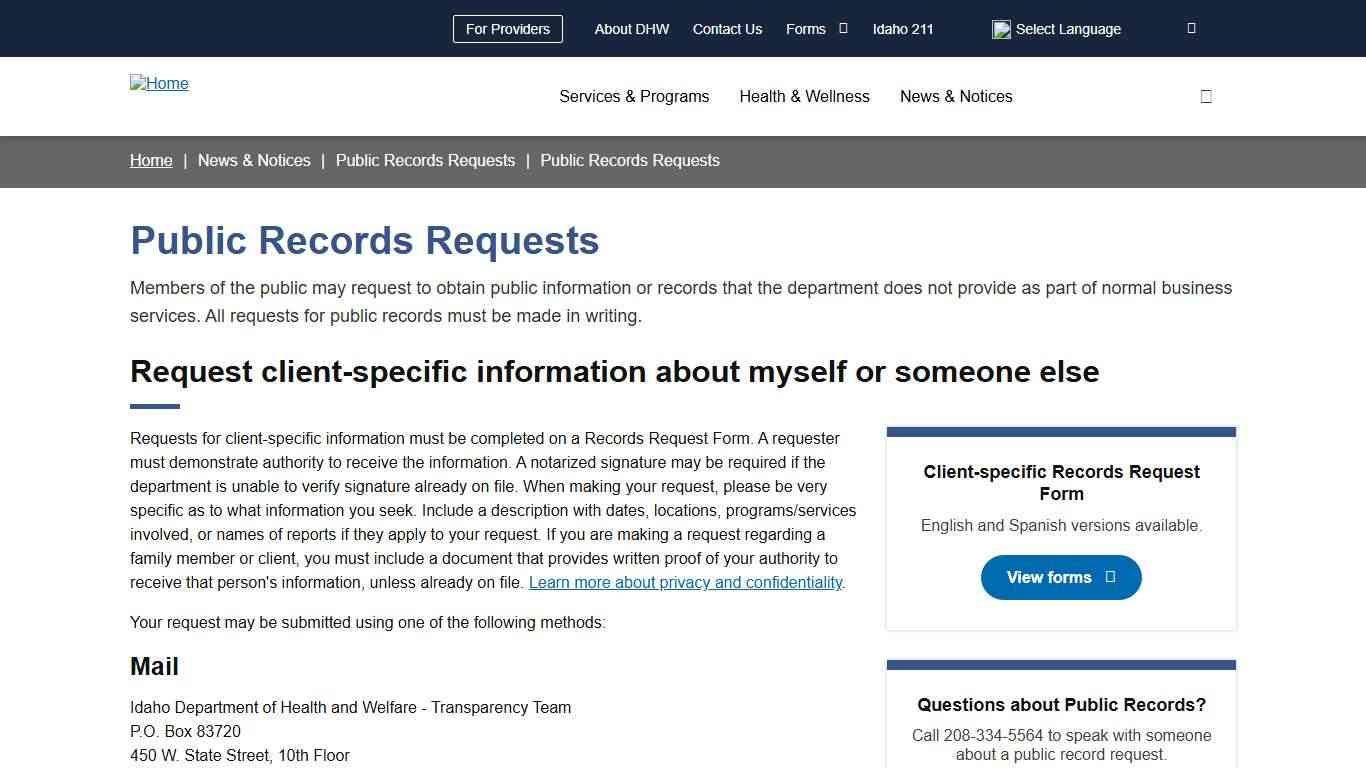 Public Records Requests Idaho Department of Health and Welfare